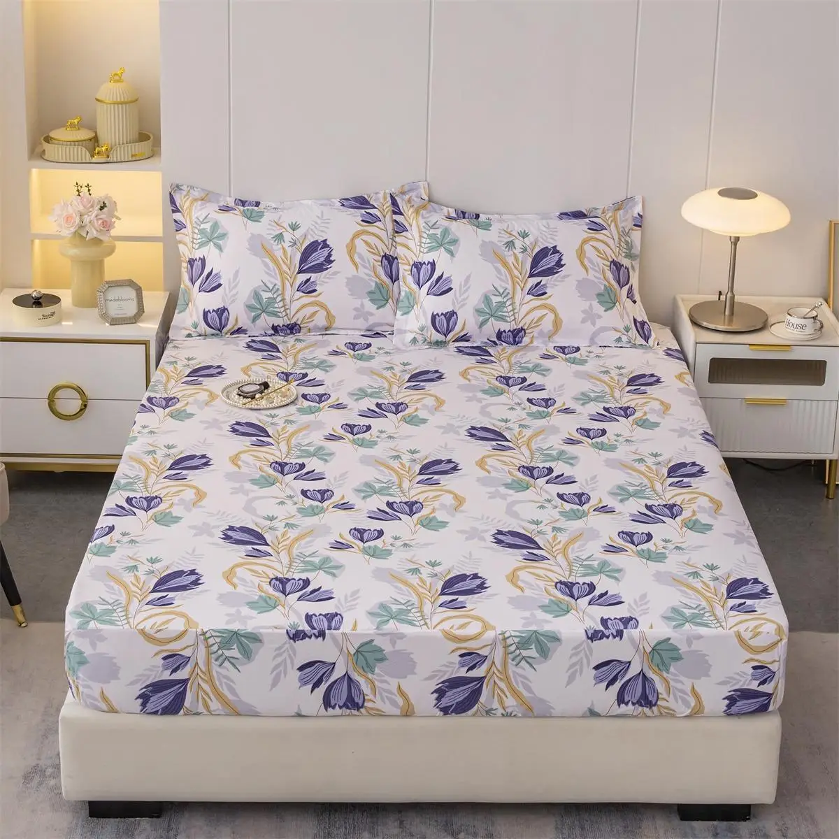 Household Fitted Sheet Set, Including 1 Count Floral Print Fitted Sheet & 2 Counts Pillowcase without Filler, Classy Bedding Set, Cozy & Comfort Beddi