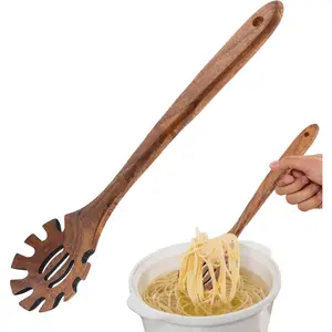 13'' Long Wooden Pasta Spoon Spaghetti Fork with Teeth, Wood Pasta Server Noodle Strainer Ladle Spatula Kitchen Tool Easy to Use and Clean
