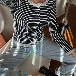 Cara Striped Lace Top with Elegant Buttons and Soft Material for Everyday Wear