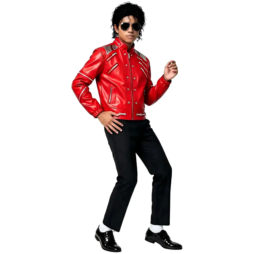 Michael Jackson Kids Cosplay 3 Piece Outfit, Red Zipper Leather-Look Jacket + Piano Note Print White T-Shirt + Black Straight Pants, Boys Pop Star Stage Performance Halloween Costume Set