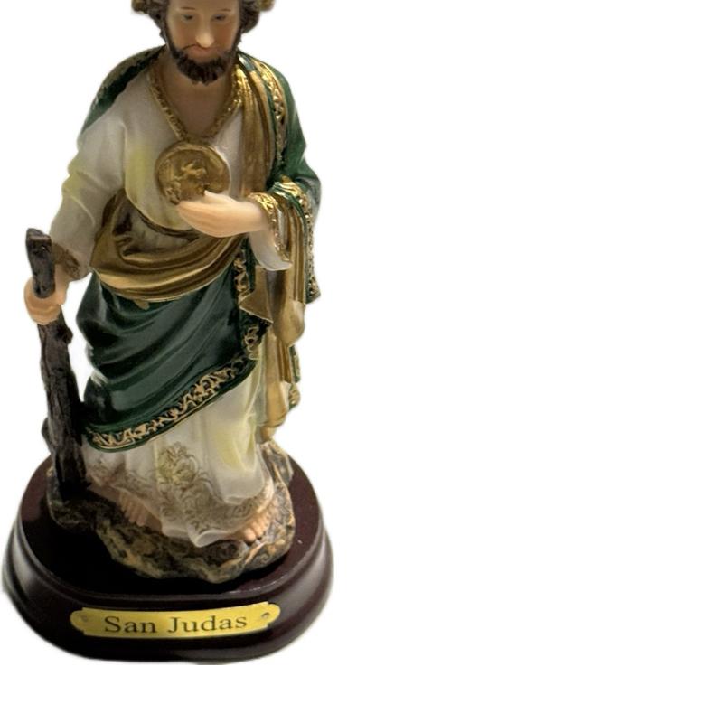 6 inch San Judas Statue - Gold and Green Robe with Cane and Medal - Religious Figurine for Home Decor