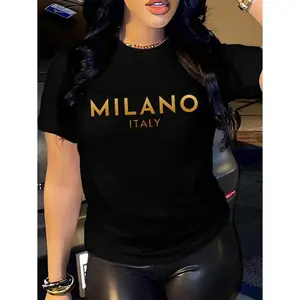 Short Sleeve Crew Neck Milano Letter Print T-Shirt, Casual Women'S Clothing For Spring & Summer shirts men