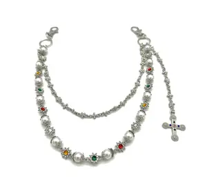 Stylish Unisex Multi-Layer Round Colored Rhinestone Body Pant Chain Jean Chain with Pearl and Cross Charms