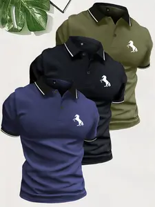 3 Pack Men's Summer Horse Pattern Printed Short Sleeve Button-Down Polo Shirt Simple Retro Beach Vacation Casual Sports Outing Top Commuting Work Golf Great Gift for Him