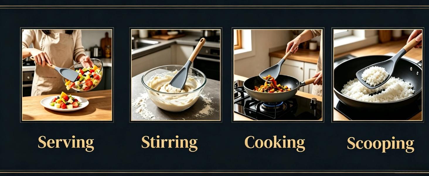 Cedar & Ash Spoonula, 3 in 1 Heat Resistant Silicone Spoon, Black | Multifunction Spatula for Stirring, Scooping & Serving with Wooden Handle Design, Kitchen Utensils Cooking Tools Set