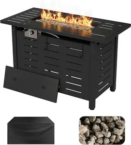 40 " Propane Fire Pit Table , 50,000 BTU Outdoor Gas Fire Table with Waterproof Cover, Rectangular Steel Fire Table with Lid and Lava Rock for Outdoor, Patio, Backyard,Metal Black&Brown