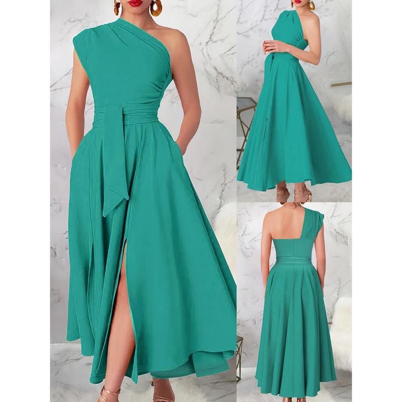Women's Asymmetrical Neck Sleeveless Emerald Green Maxi Dress with Pleated Detail - Plain Solid Color Summer Golf Outfit