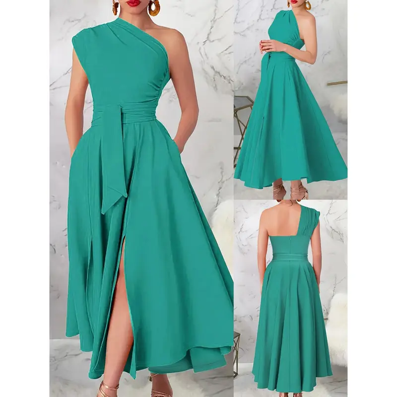Women's Asymmetrical Neck Sleeveless Emerald Green Maxi Dress with Pleated Detail - Plain Solid Color Summer Golf Outfit