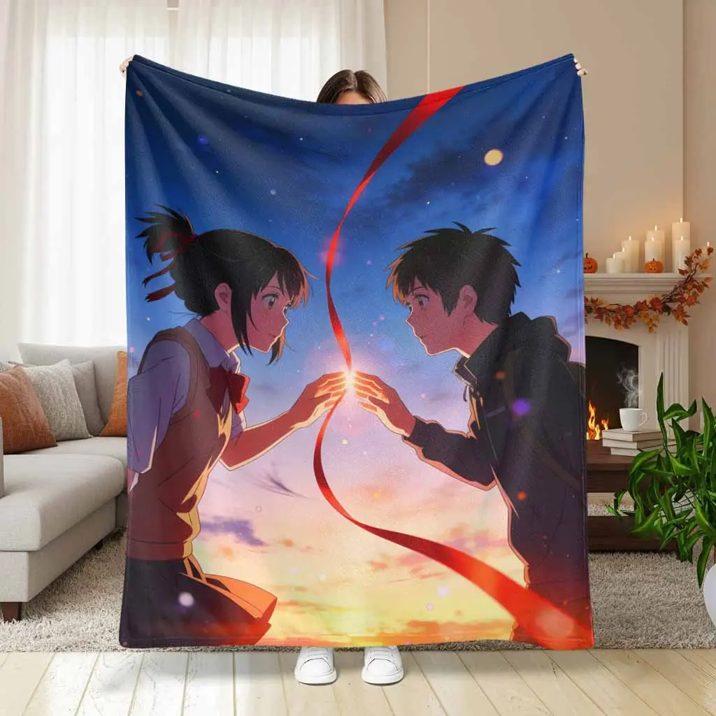 Your Name Kimi No Nawa Anime Flannel Blanket Taki and Mitsuha Red String of Fate Aesthetic Print Ultra Soft Lightweight Plush Fleece Throw Bedding Cozy Living Room Couch Decor Meaningful Anniversary Gift for Couples