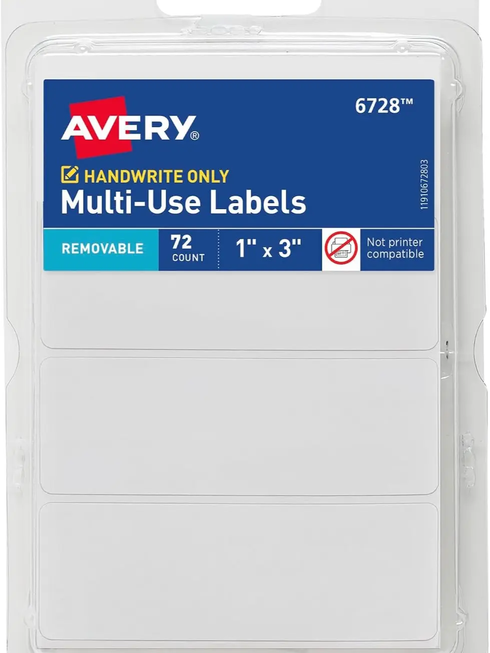 Avery Multi-Use Removable Labels, 1" x 3", White, Non-Printable, 72 Blank Labels Total (6728)