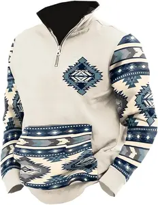 Aztec Cowboy Mens Hoodie Vintage Graphic Western Hoodies for Men Casual Long Sleeve Half Zip Pullover with Pocket Menswear Stylish Kangaroo Outdoor