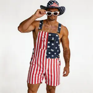 Men's and Women's American Flag Denim Overalls Stretch Shorts, Patriotic, Merica Menswear Suits Sleeveless