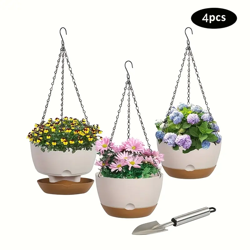 Plastic Hanging Planter Set (4 Packs, 3pcs 8in Pots Each) with Chain, Removable Tray, Drainage Holes & 2 Shovels for Indoor Garden Porch Decor, Home Improvement Garden Supplies Gift