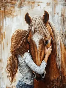 5D Full Drill Diamond Painting Kit, Heartwarming Girl Hugging Horse Art, Rustic Farm Animal DIY Wall Decor