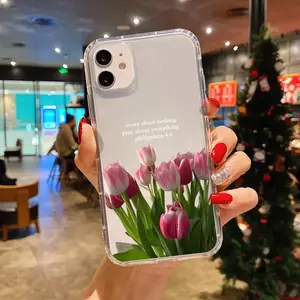 Christian-Themed Clear Phone 11-17Case Featuring Pink Tulips And Philippians 4:6, Suitable for Various for iphone Models, Perfect As a Gift for Women.
