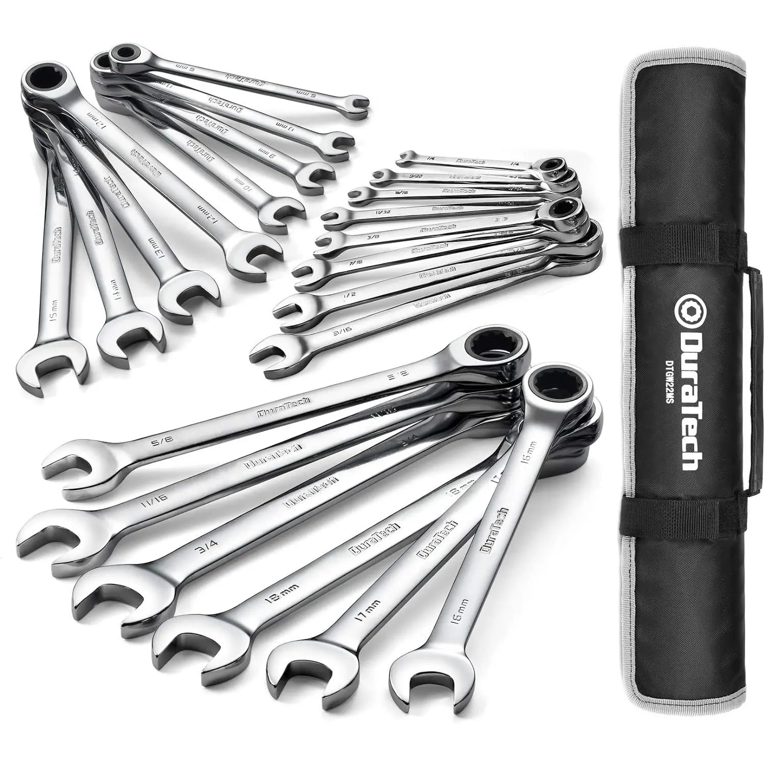 DURATECH Ratcheting Wrench Set, Combination Wrench Set, SAE & Metric, 22-piece, 1/4" to 3/4" & 6-18mm, CR-V Steel, with Pouch spanner