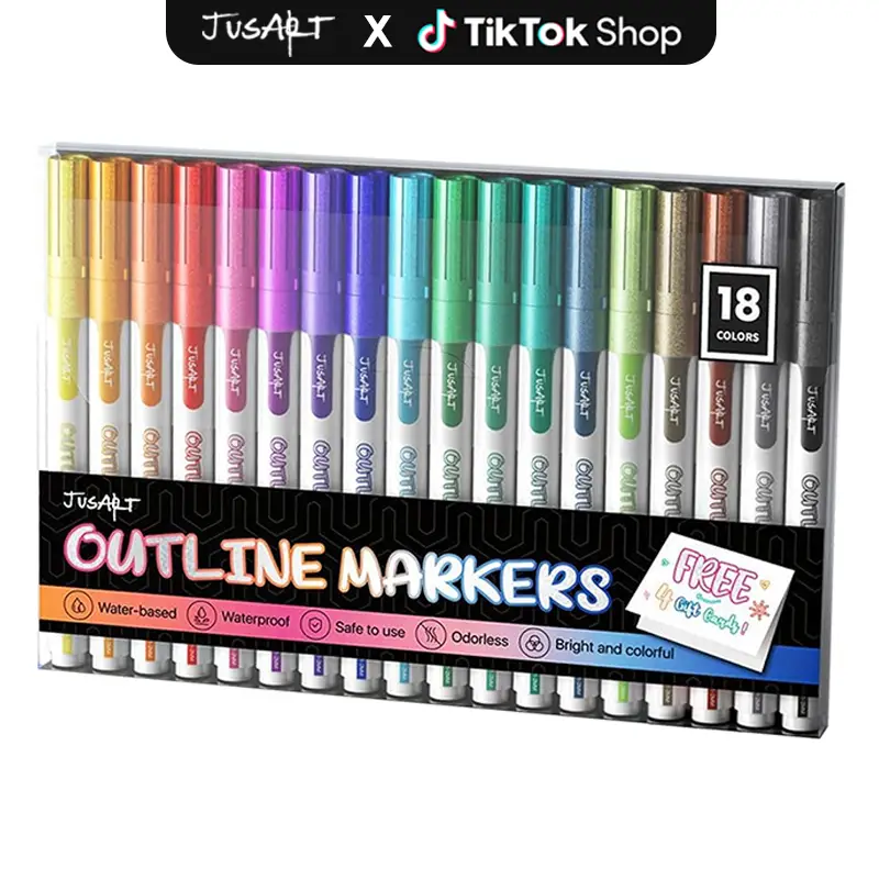 [JusArt] 18/12 Colors Outline Markers, Double Line Glitter Markers for Kids DIY Card Crafts, Stocking Stuffers for Girls Doodle Dazzles Shimmer Marker