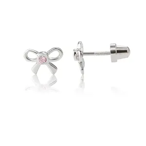 Sterling Silver Bow Earrings with Pink CZs and Screw Backs for Baby and Kids