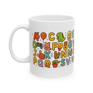 "Alphabet Adventures" – Kawaii A–Z Mug 🧡 | Fun Colorful Letters with Cute Characters | Unique Gift for Letter Lovers, Friends & Coworkers