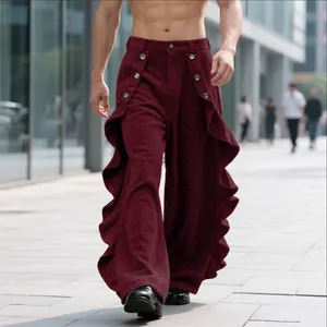 INCERUN Men's High-Waist Retro Ruffle Wide-Leg Fashion Trousers - Pleated Polyester Bottoms, Comfortable Fit, Ideal for Autumn Winter Dance, Nightclub Events