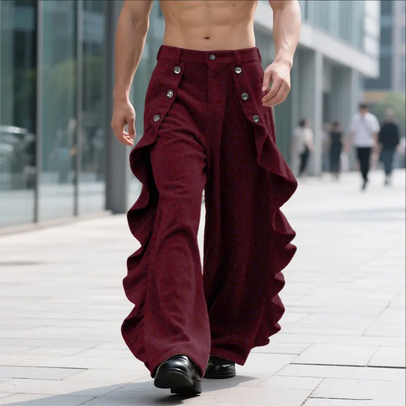 INCERUN Men's Edgy Retro Tiered Layer Ruffle Pants, Gender-Neutral High-Waist Pleated Polyester Trousers for Dance, Nightclub, Fabric, Men's Wear, Culottes, Fluid Ruffle Sway, Pleated Ruffles