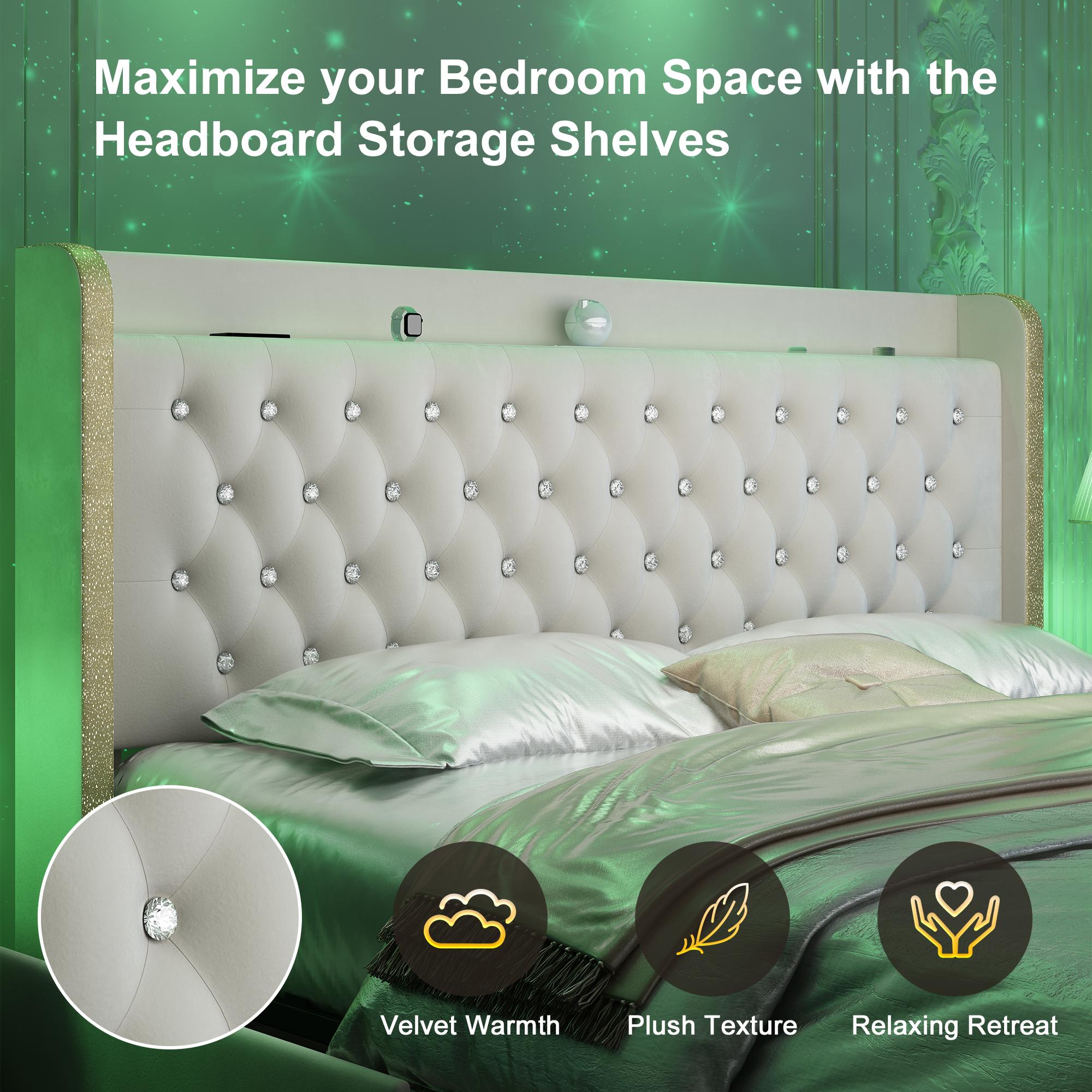 GEGOFORU Queen LED Bed Frame with Galaxy Projector & Bluetooth Speakers, RGB Lights, USB Charging, 4 Storage Drawers, Velvet Upholstered Platform Bed, No Box Spring Needed – White