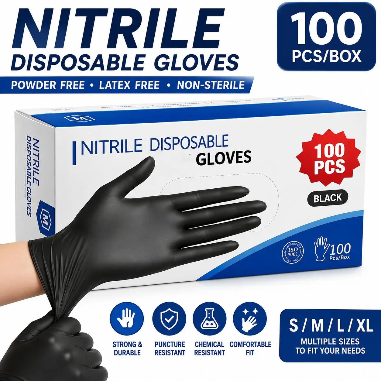 Nitrile Disposable Gloves - 100 PCS/Box, Black, Powder Free, Latex Free, Non-Sterile, Strong & Durable, Chemical Resistant, Comfortable Fit, Cleaning Gloves, S/M/L/XL Sizes