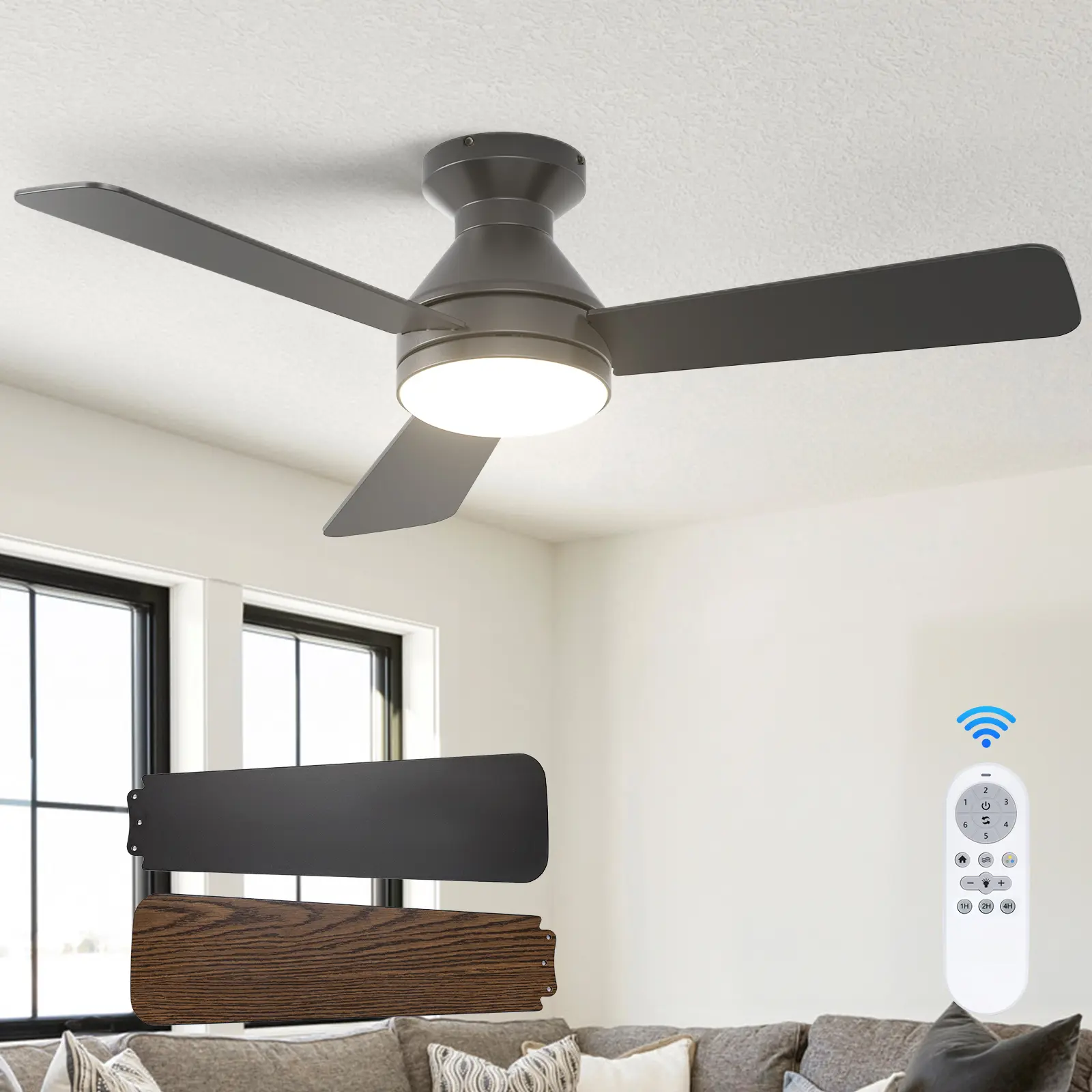 Ceiling Fans with Lights, 42 inch Low Profile Ceiling fan with Light and Remote Control, Flush Mount, Reversible, 3CCT, Dimmable, Noiseless, Black Ceiling Fan for Bedroom, Indoor/Outdoor Use