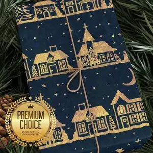 Vintage Snowy Christmas Village Gift Wrapping Paper, Blue Silent Night Giftwrap for Holidays, Xmas Christmas Village Gift Wrap for Presents