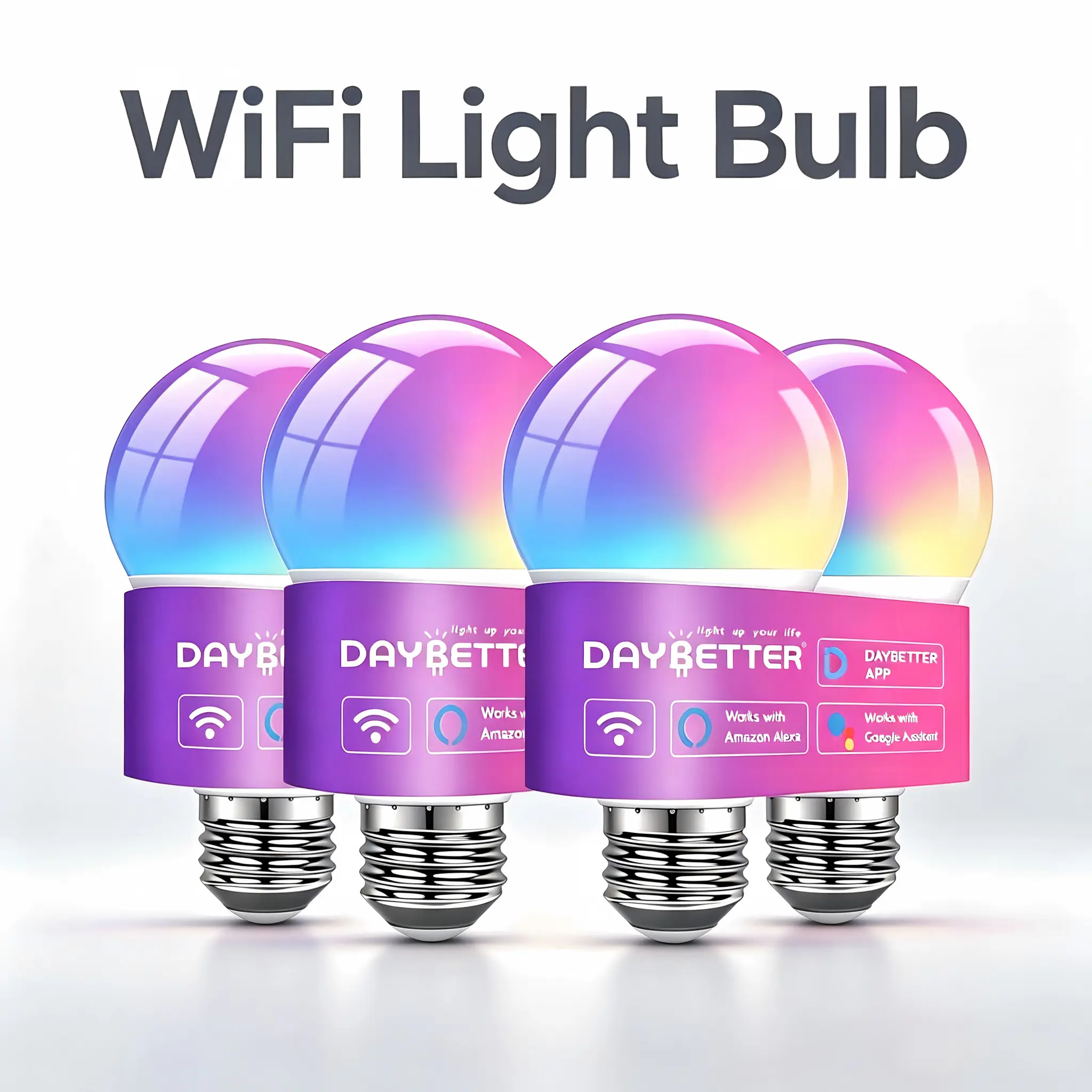 DAYBETTER WiFi Smart Light Bulbs - A19 Shape E26 9W (60W Equivalent) 2.4Ghz RGBW Dimmable Energy Efficient Indoor Bulbs with Remote & Voice Control, Ideal for Bedroom, Living Room