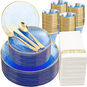 350PCS Clear Blue Gold Dinnerware Set for 50 Guests, Hammered Disposable for, Include: 50 Dinner, 50 Dessert, 150 Gold Silverware, 50, 50 Cups