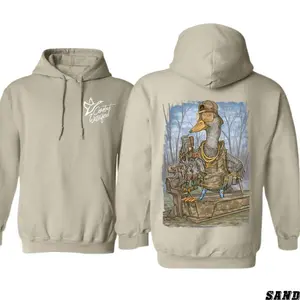 Combat Waterfowl Hoodie - Bold Hunting Duck Cartoon Design in Camo Gear, Fun and Unique Hoodie for Waterfowl Hunters and Outdoor Enthusiasts, Made in USA.LKD Womenswear Sweatshirts