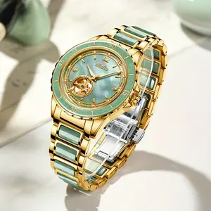 1pc Diella Vintage Mechanical Men'S Watch, Multifunctional Automatic Movement, Water-Resistant 1968.5inch, Stainless Steel with Faux Jade Strap, Rhinestone Embellished Round Dial, Fashionable Casual Business Style, No Battery - AD6055