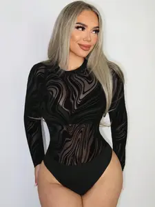 Marble Print Mesh Bodysuit Without Lingerie Fall Cloth For Women