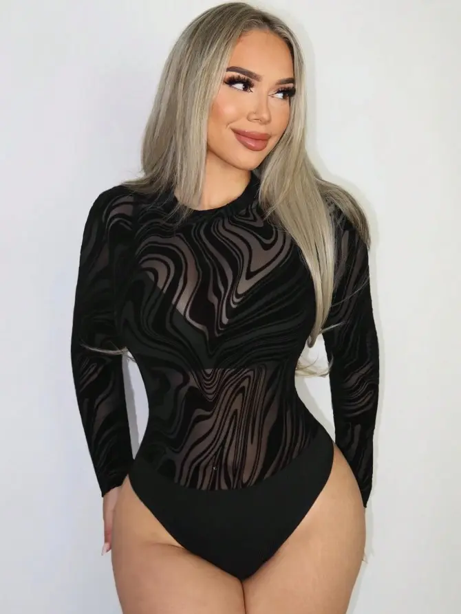 Marble Print Mesh Bodysuit Without Lingerie Fall Cloth For Women