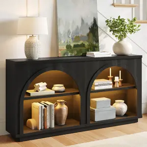 Sikaic Double Arched Console Table with LED Lights, Mid-Century Modern Entryway Table with Spacious Storage & Display Shelves for Hallway, Living Room, Stair Side, Matte Black