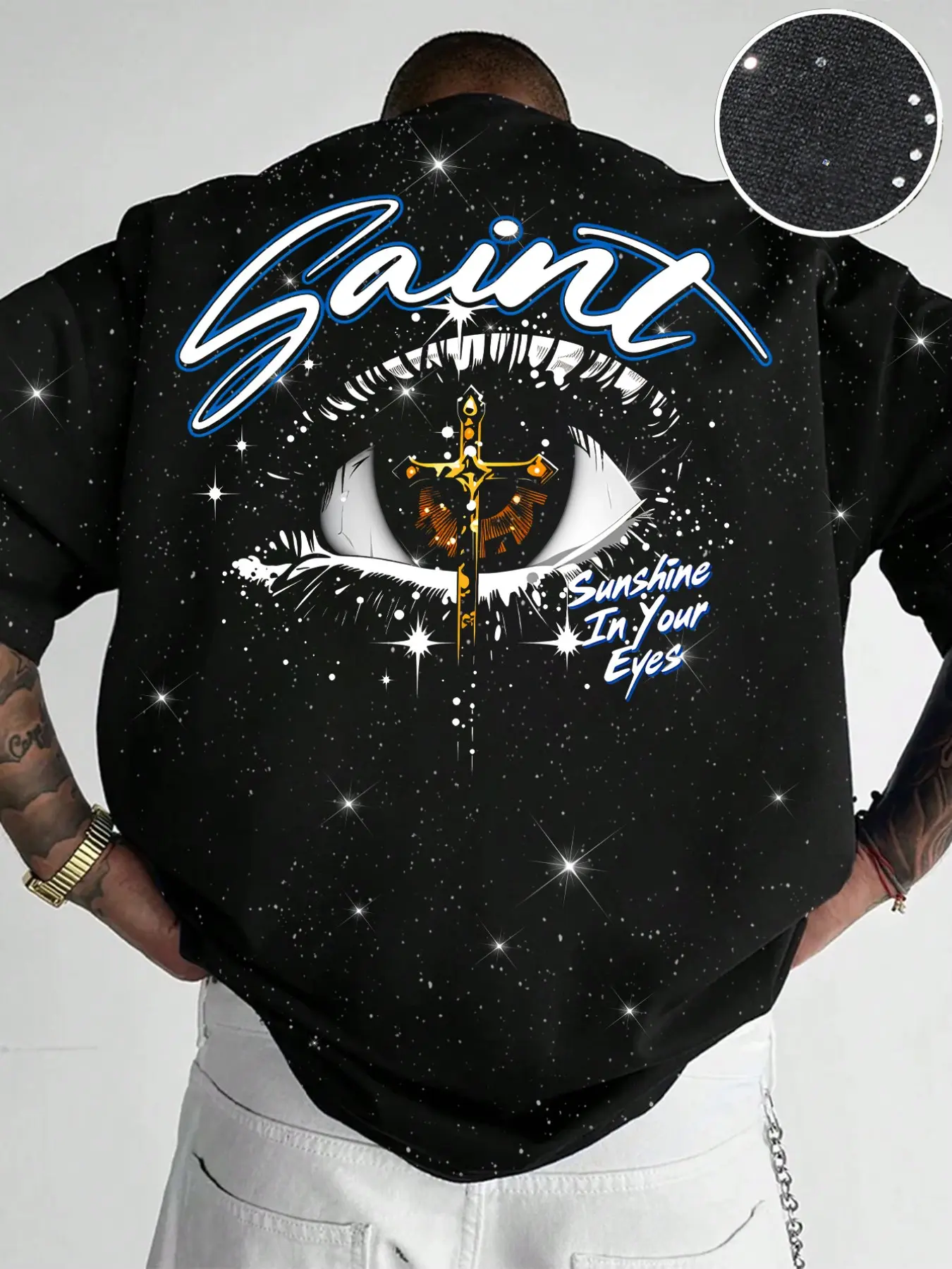 Men's Casual Short Sleeve T-Shirt, Streetwear, Menswear, Alternative Tee, Full Print Starry Glitter Background, Saint Graffiti, Cross Eye Print, Comfortable Silver Color Fabric