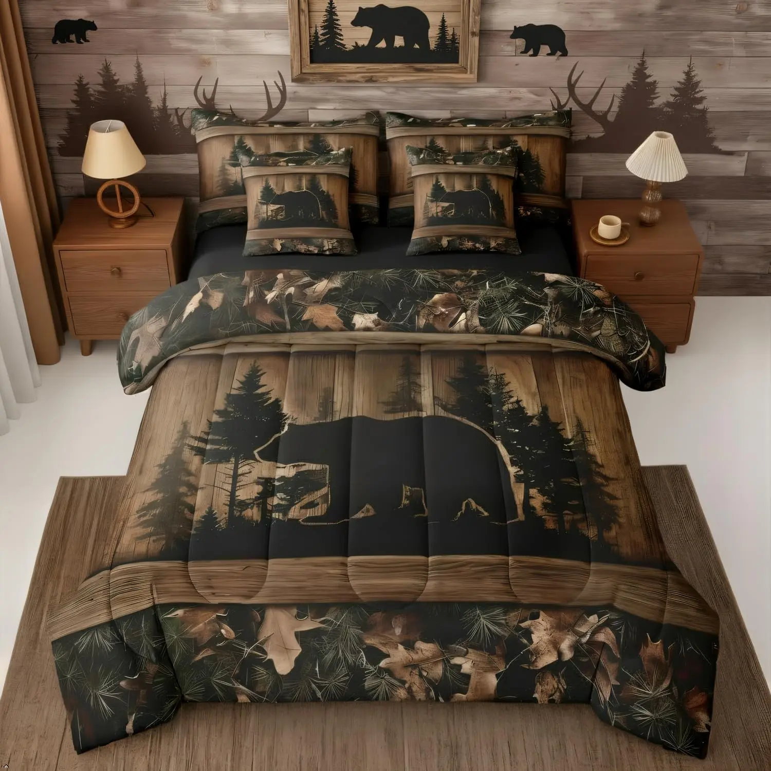 Farmhouse Black Bear Comforter Set with Sheets 7 Piece Rustic Camo Bed in A Bag Country Cabin Lodge Bedding Sets Adults,Woodland Animal Bed Set