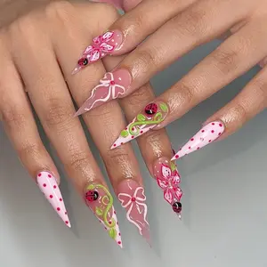 Colorful 3D Ladybug Garden Elegant Pink Press On Nails Floral Bow And Polka Dot Garden Nail