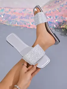 Silver Color Rhinestone Slippers for Women, Summer Outdoor Anti-Slip Soft Sole Sandals, Luxurious Casual Daily Commute Shoes, Open Toe Slides