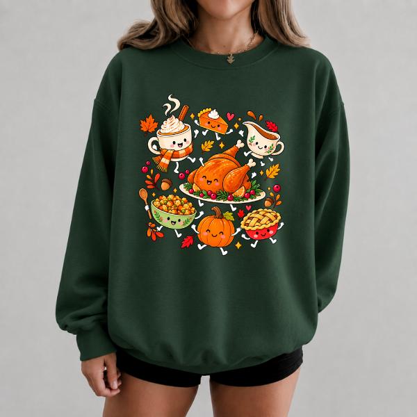 Thanksgiving Fall Doodle Sweatshirt, Turkey Feast Crewneck, Pumpkin Pie Autumn Pullover, Cute Thanksgiving Gift
