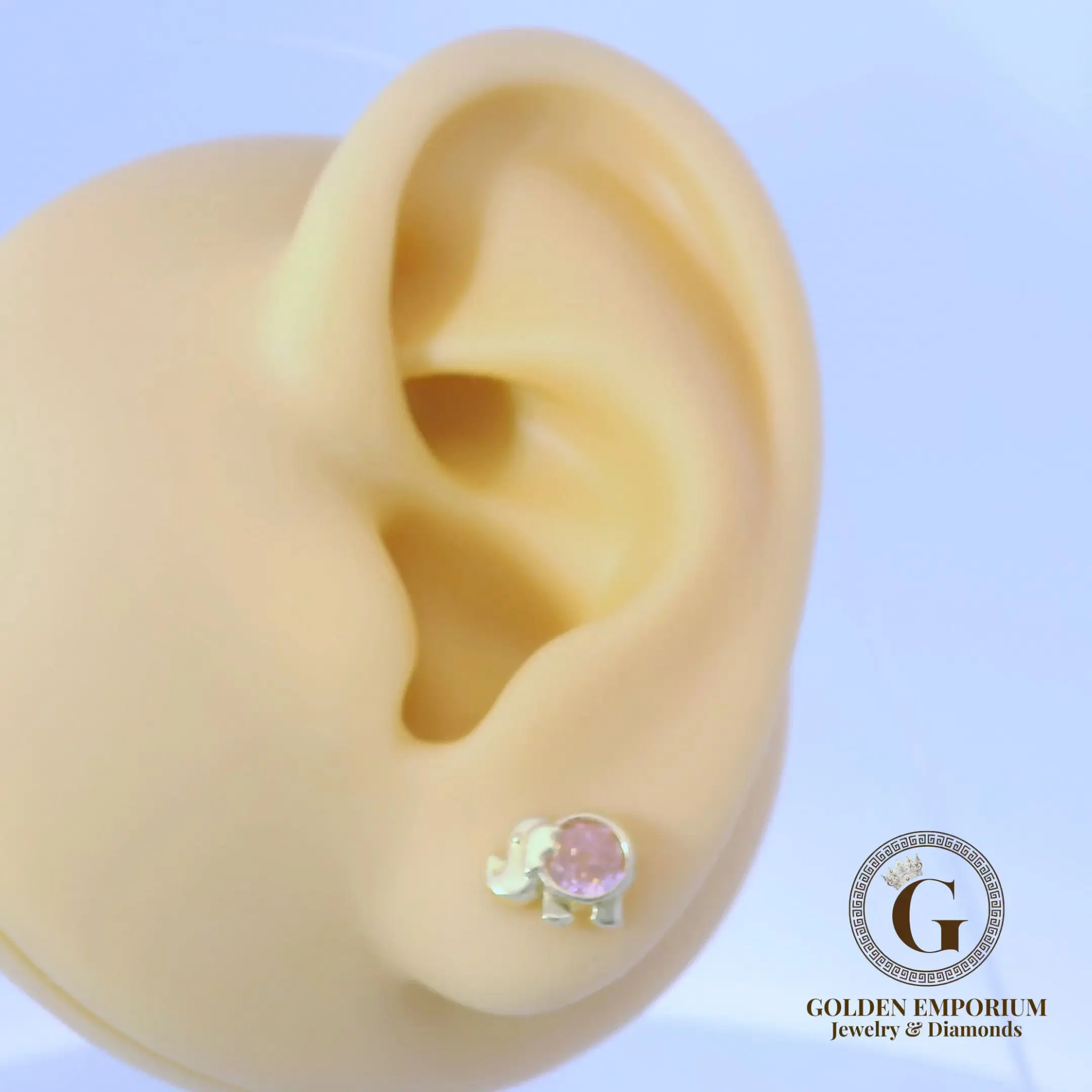 14K Gold Elephant Design Stud Earrings with Pink Stone