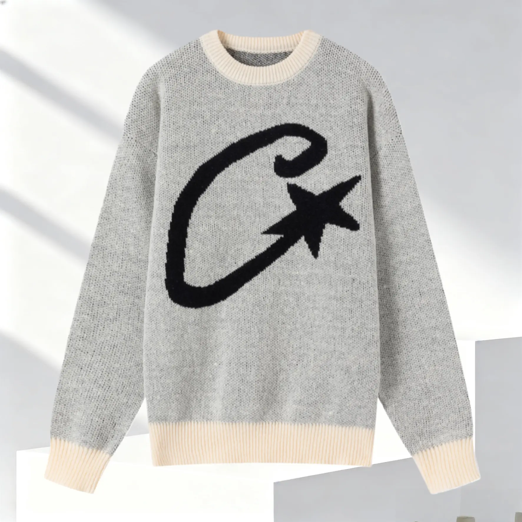 Men's Stylish Classic Grey Sweater - Round Neck Long-Sleeve Knitwear, Fitted Polyester Basic Men's Pullover with Black Star (Black and Gray Pattern) Contrast Details, Casual Street Style Father's Day Gift, Knitting, Cartoon, No