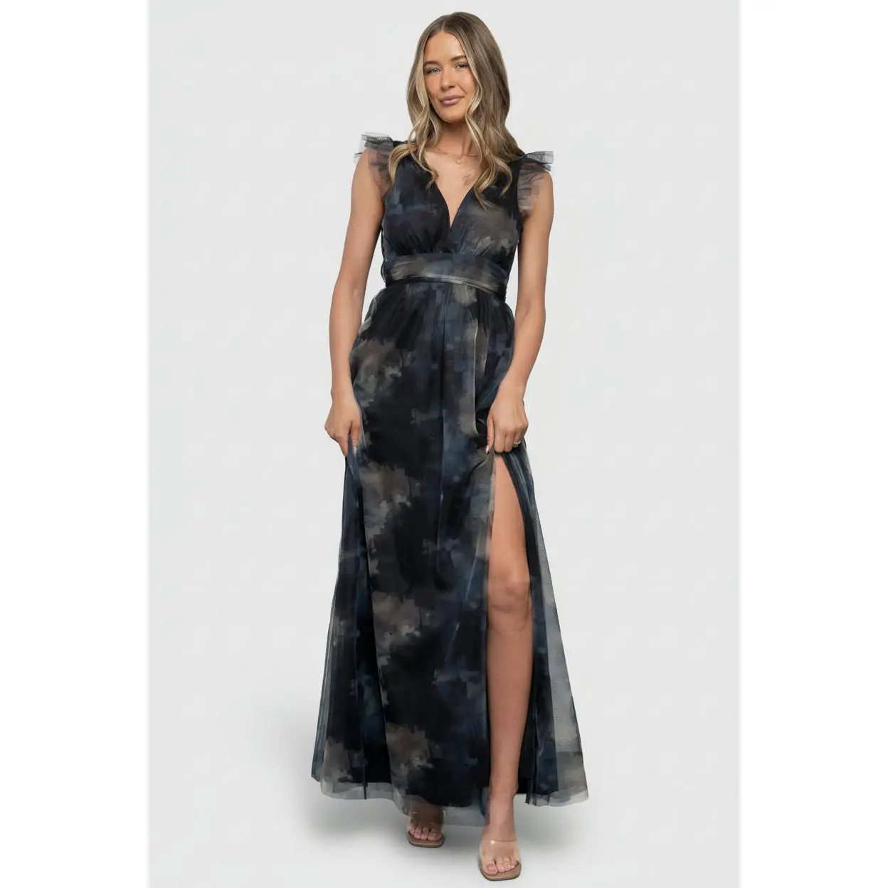 Baltic Born Women's Midnight Floral Maxi Dress, Romantic High Waisted Polyester Gown for Anniversary with V-Neck and Flutter Sleeves, Shell, Skirt, Elastic, Back Stretch, Style, Floral Print, Sleeveless, Sexy, Spring, Formal