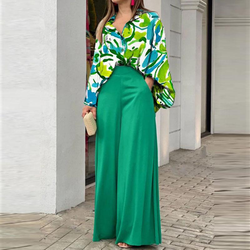 Loose And Elegant Casual Printed Shirt Top Wide Leg Pants Fashion Suit