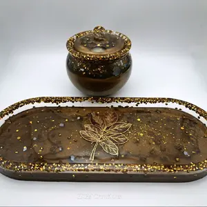 Handmade Trinket Tray and Storage Jar with Gold Leaf Design and Sparkling Accents for Decorative Storage