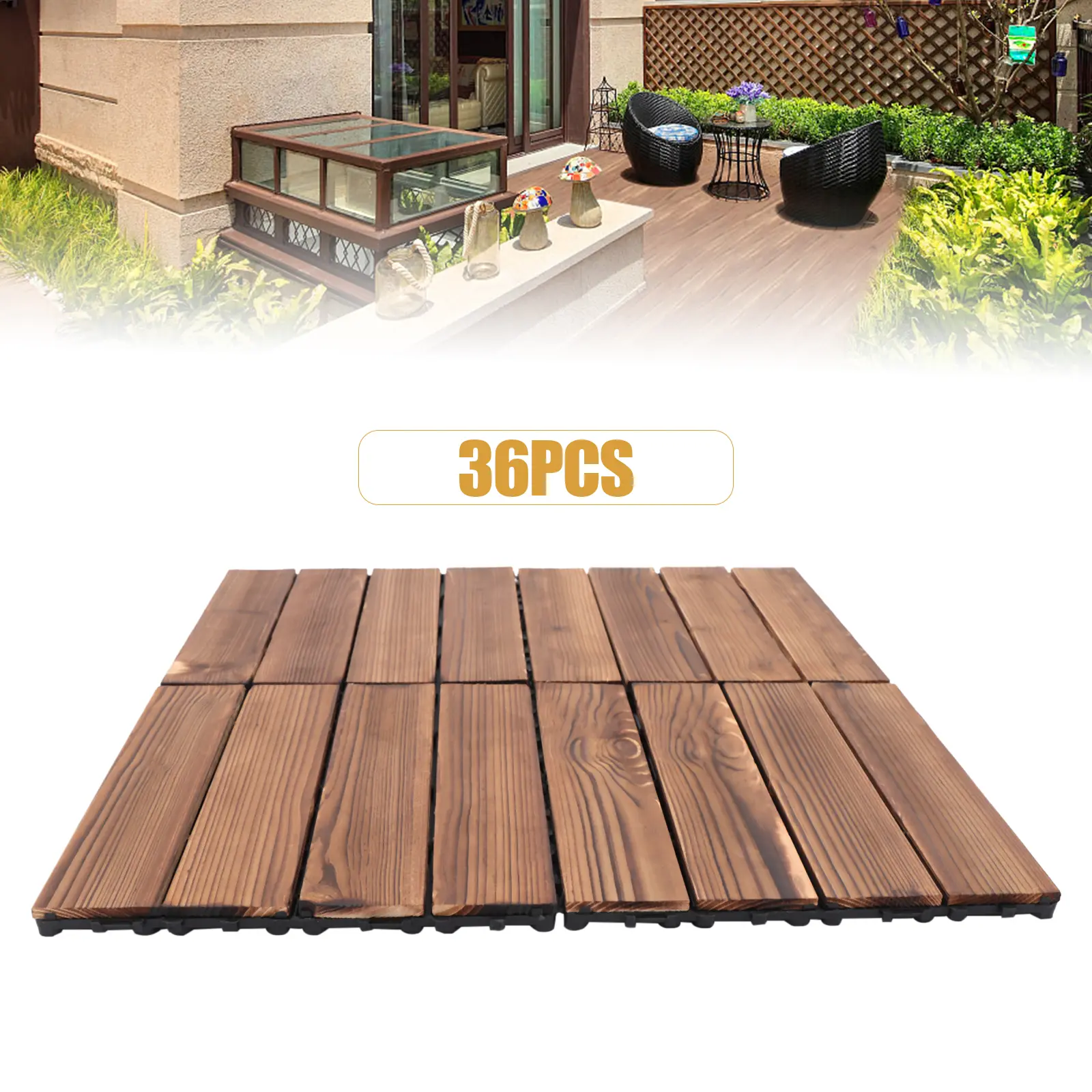 36PCS 12 In x 12 In Hardwood Interlocking Patio Deck Tiles, No Glue Needed Flooring with PE Backing, Waterproof, Anti-Mold Boxed Set for Indoor, Terrace Use