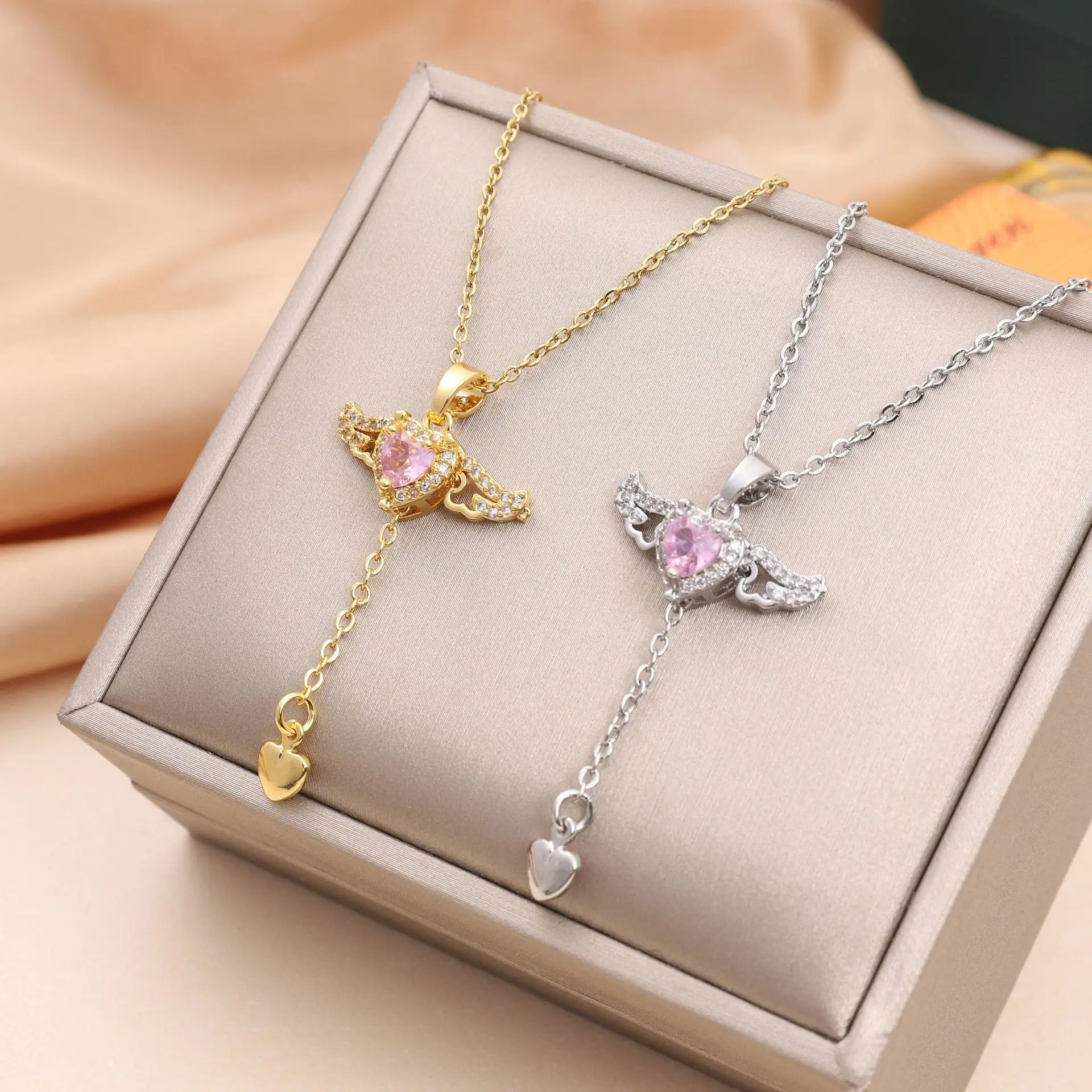 Cupid Heart Angel Wings Necklace – Titanium Steel with Crystal | Gift for Her