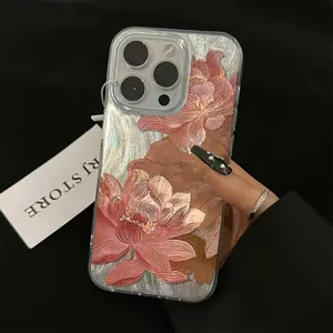 Elegant Pink Lotus Floral Case for iPhone 17/16/15/14/13/12/11 Pro Max/Pro/Plus/Air Holographic Shockproof Slim Fit TPU PET Material Flower Protection Smartphone Cover