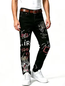 Slim Fit Stretch Jeans with Graffiti PrintMenswear Classicfor Men Streetwear Pants Denim